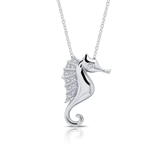 The Whimsical Seahorse Necklace by Lafonn showcases a pendant shaped like a seahorse, adorned with sparkling simulated diamonds on its back fins that beautifully reflect light. The pendant is gracefully suspended on a delicate sterling silver chain, making it an elegant and timeless classic.