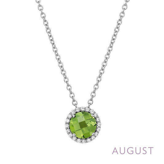 The Lafonn August Birthstone Necklace features a silver chain adorned with a round, faceted green gemstone pendant surrounded by small clear stones. The word "AUGUST" is elegantly inscribed in light purple text at the bottom right corner.