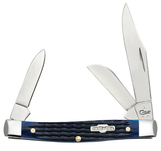 The Blue Bone Rogers Corn Cob Jig Medium Stockman (Case 02806) by W.R. Case & Sons Cutlery Co. is a multi-blade pocket knife featuring three stainless steel blades and a blue bone textured handle that resembles a Rogers Corn Cob pattern with the Case USA logo. The partially opened blades extend in different directions.
