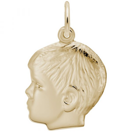 The Rembrandt Charms Boy Head Charm in 10K Yellow Gold features a detailed profile of a young child's face with short hair and a small ear. This exquisite charm is designed with a round loop at the top, perfect for attaching to a chain or necklace—truly a timeless treasure.