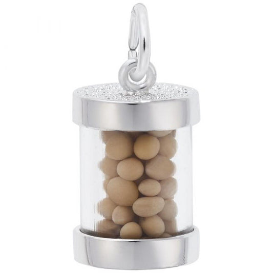 Introducing the Mustard Seeds Charm by Rembrandt Charms: a sterling silver cylindrical pendant encasing several tan-colored mustard seeds inside its transparent body. The charm features solid silver tops and bottoms, with a small silver loop at the top for easy attachment to a chain or bracelet.