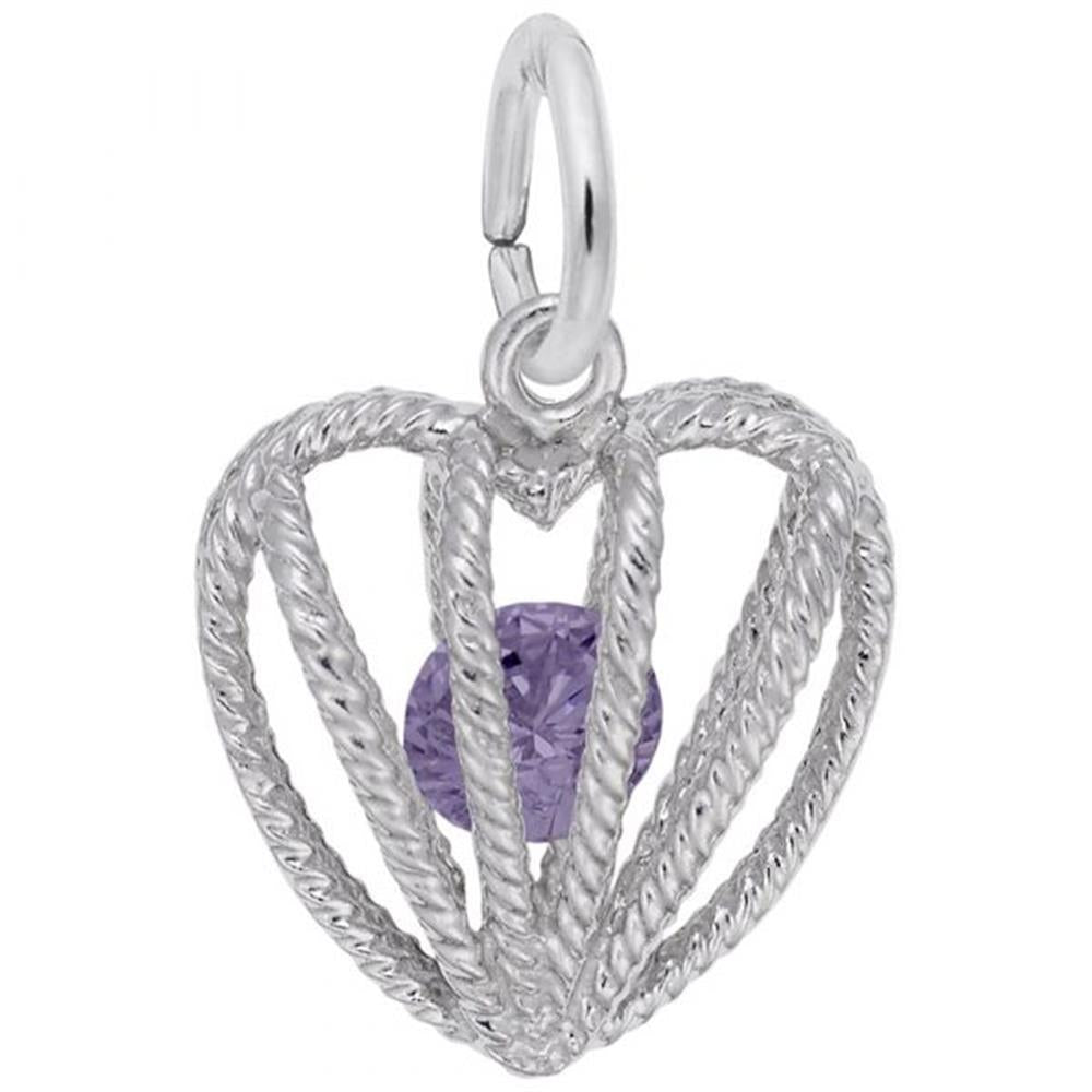 The Embraced with Love February Stone Charm by Rembrandt Charms features a heart-shaped silver cage with rope-like detailing and a round amethyst-colored stone at the center, hanging from a circular loop.