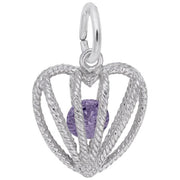 The Embraced with Love February Stone Charm by Rembrandt Charms features a heart-shaped silver cage with rope-like detailing and a round amethyst-colored stone at the center, hanging from a circular loop.