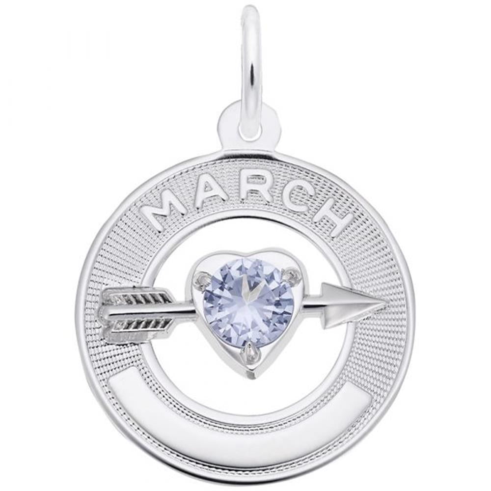 The Rembrandt Charms March Love Birthstone Charm, made of sterling silver, features a circular design with "MARCH" engraved at the top. Within the circle lies a heart-shaped gem in an aquamarine hue, pierced by a silver arrow. The pendant's outer edge has a textured pattern that exudes elegance.