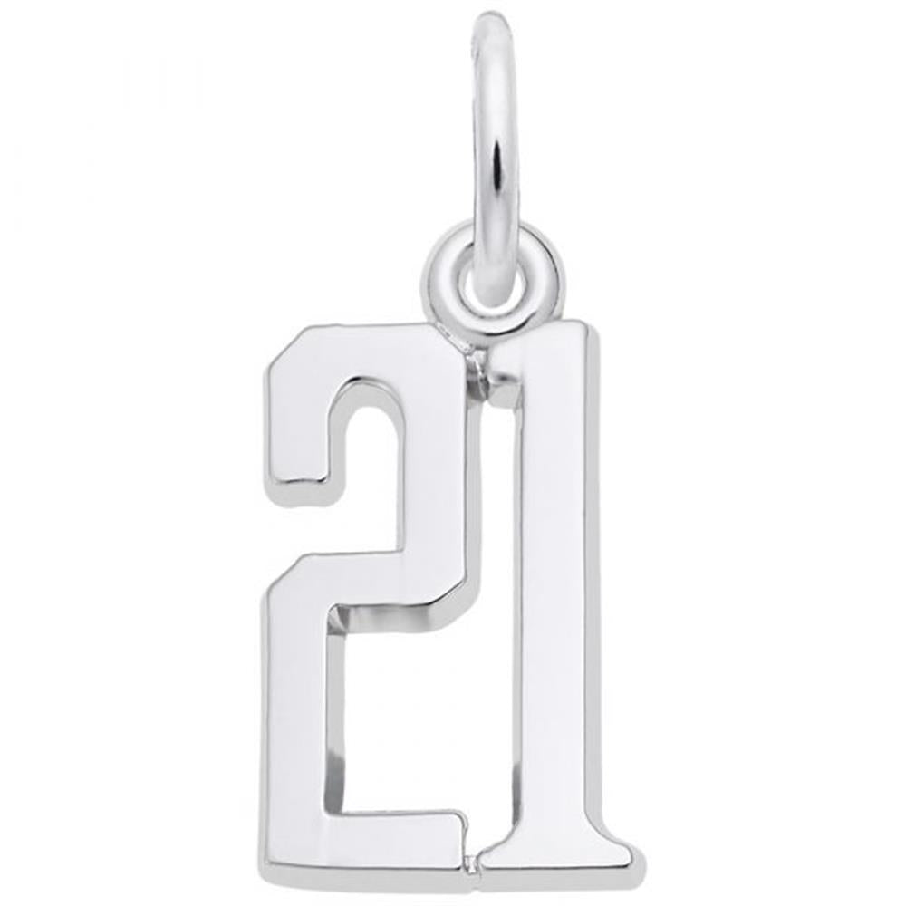 The Rembrandt Charms Number 21 Charm, crafted from sterling silver, boasts a smooth and polished finish. This elegant and simple pendant features a loop at the top, making it perfect for attaching to a chain or bracelet.