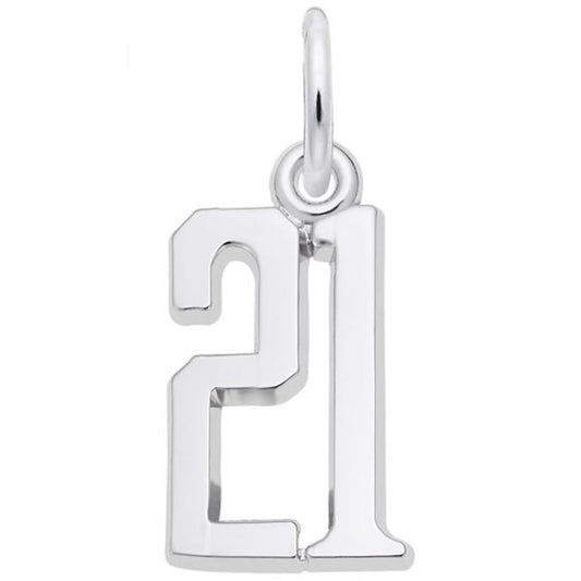 The Rembrandt Charms Number 21 Charm, crafted from sterling silver, boasts a smooth and polished finish. This elegant and simple pendant features a loop at the top, making it perfect for attaching to a chain or bracelet.