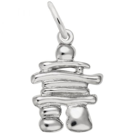 The Inuskhuk Charm from Rembrandt Charms is a sterling silver pendant fashioned in the shape of a stylized inukshuk, a traditional stone landmark employed by Indigenous peoples in the Arctic. The design showcases smooth, rounded shapes arranged to evoke a small figure with outstretched arms.