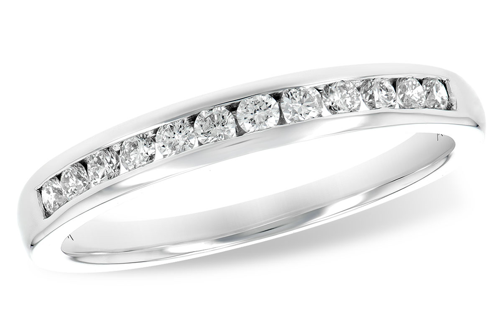 The Allison Kaufman 14k white gold ring features 0.25ct of natural diamonds, channel set in a row along the top of the band, displayed on a white background.