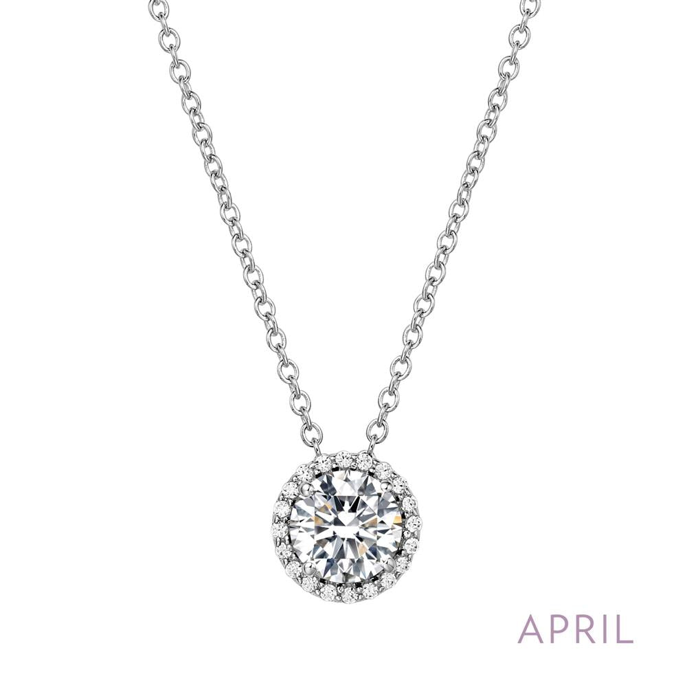 The Lafonn April Birthstone Necklace features a silver round pendant adorned with a large central diamond, surrounded by smaller diamonds in a circular arrangement. The necklace is displayed against a white background, with the word "APRIL" elegantly written in light purple text at the bottom right corner.