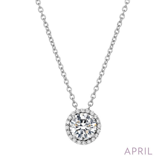 The Lafonn April Birthstone Necklace features a silver round pendant adorned with a large central diamond, surrounded by smaller diamonds in a circular arrangement. The necklace is displayed against a white background, with the word "APRIL" elegantly written in light purple text at the bottom right corner.