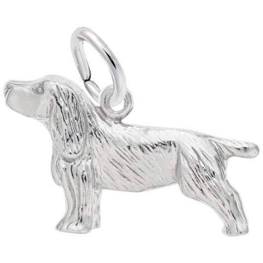 The Rembrandt Charms Springer Spaniel Dog Charm, crafted in sterling silver, depicts a Springer Spaniel with long ears standing on all four legs. This elegant piece of dog lover jewelry has a small loop on top for convenient attachment to a chain.