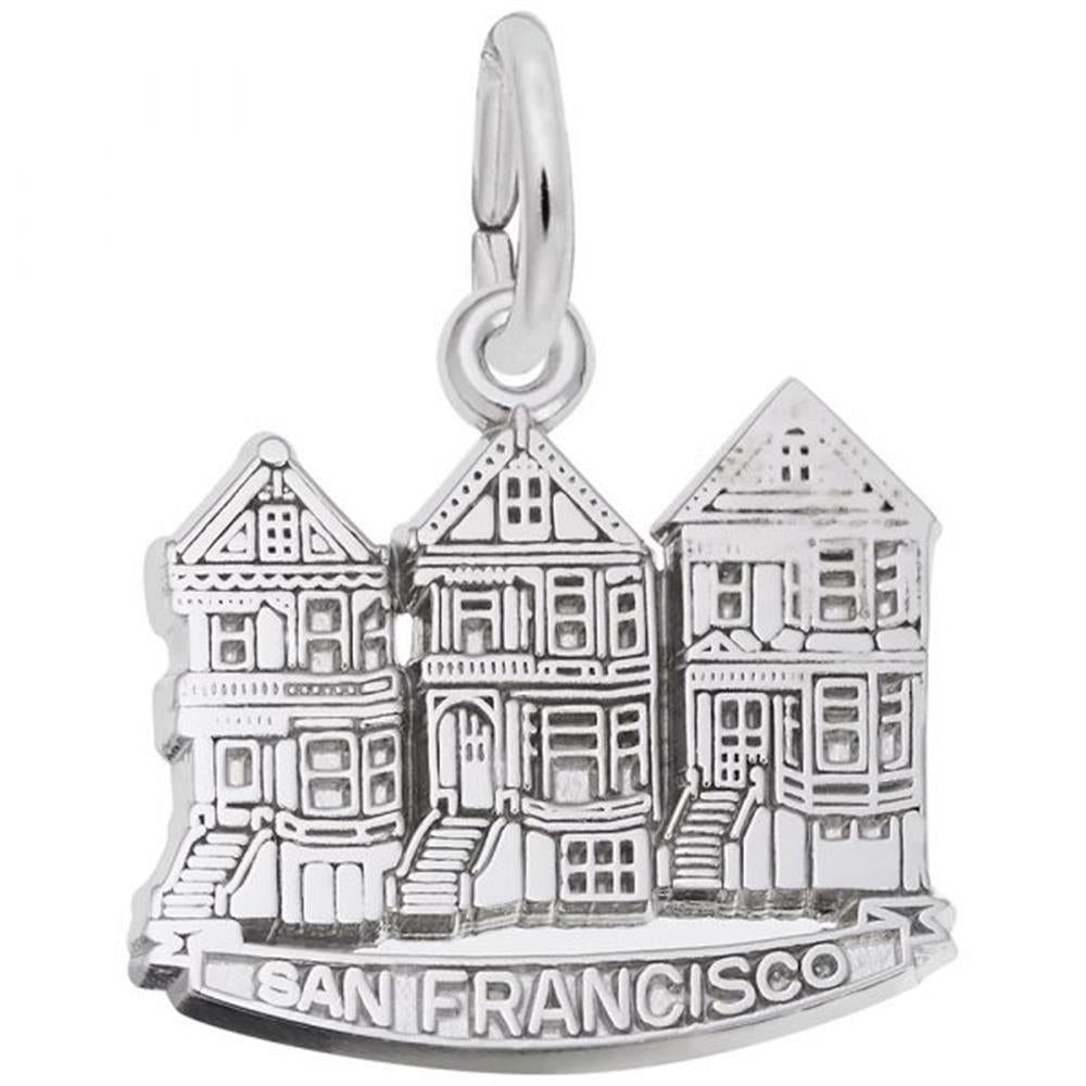 This sterling silver charm from Rembrandt Charms, named "Victorian House, San Francisco Charm," depicts three Victorian-style houses known as "Painted Ladies" with the words "San Francisco" inscribed below them. It features a small loop at the top for attaching to a bracelet or necklace.