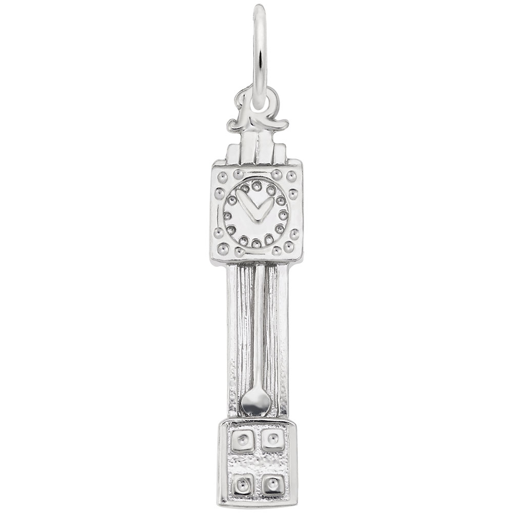 The Grandfather Clock Charm by Rembrandt Charms is expertly crafted from sterling silver, featuring a tall clock tower design reminiscent of a grandfather clock. It showcases a round clock face adorned with raised dots for numbers near the top and intricate architectural details below. The charm also includes a loop at the top for easy attachment to a bracelet or necklace.