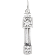 The Grandfather Clock Charm by Rembrandt Charms is expertly crafted from sterling silver, featuring a tall clock tower design reminiscent of a grandfather clock. It showcases a round clock face adorned with raised dots for numbers near the top and intricate architectural details below. The charm also includes a loop at the top for easy attachment to a bracelet or necklace.