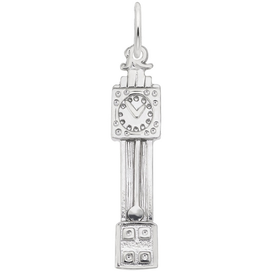 The Grandfather Clock Charm by Rembrandt Charms is expertly crafted from sterling silver, featuring a tall clock tower design reminiscent of a grandfather clock. It showcases a round clock face adorned with raised dots for numbers near the top and intricate architectural details below. The charm also includes a loop at the top for easy attachment to a bracelet or necklace.