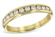 The Allison Kaufman Diamond 14K Yellow Gold Ladies Wedding Ring showcases a polished finish with a row of ten brilliant round diamonds elegantly set in a channel setting. Its smooth, refined design features the "14K" mark on the inner band.