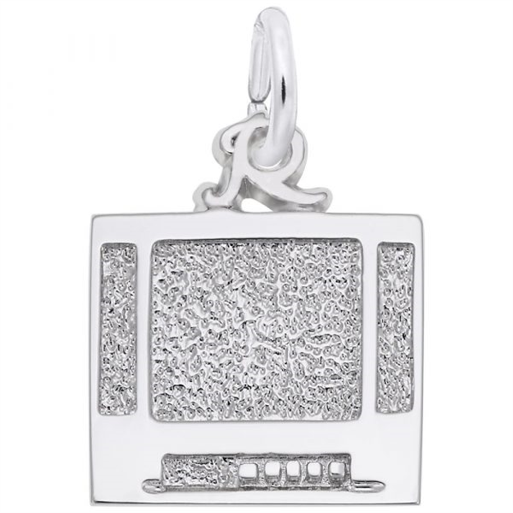 The Rembrandt Charms' Flatscreen TV Charm is a sterling silver pendant shaped like a textured, rectangular retro television. This charm features raised details that suggest the screen texture and knobs, complemented by a loop at the top for easy attachment to a chain or bracelet, offering a delightful nod to pre-flatscreen TV nostalgia.