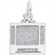 The Rembrandt Charms' Flatscreen TV Charm is a sterling silver pendant shaped like a textured, rectangular retro television. This charm features raised details that suggest the screen texture and knobs, complemented by a loop at the top for easy attachment to a chain or bracelet, offering a delightful nod to pre-flatscreen TV nostalgia.