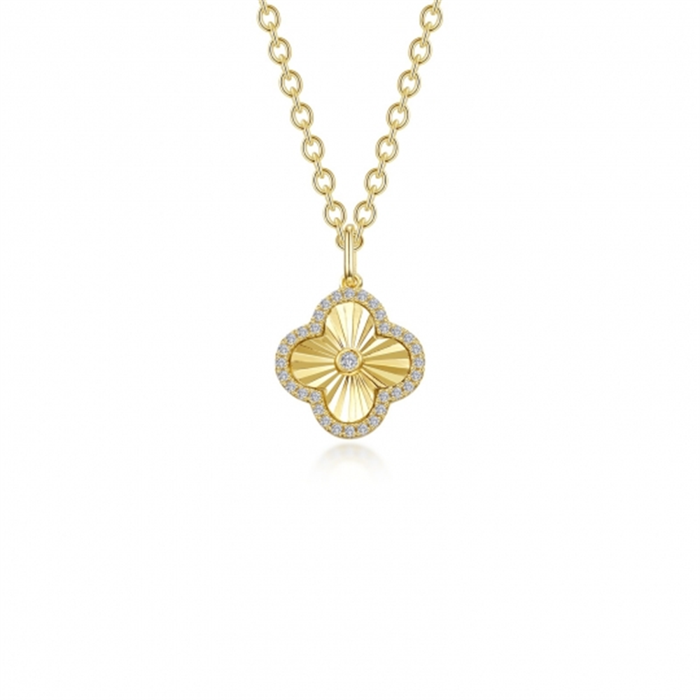 The Lafonn NK CL S.S. GP 0.60 CTW NK 20'' is a gold necklace with a clover-shaped pendant. The pendant features a central gold pattern and is bordered by small, sparkling diamonds, creating an elegant and detailed design. The simple chain complements the intricate GP pendant perfectly.
