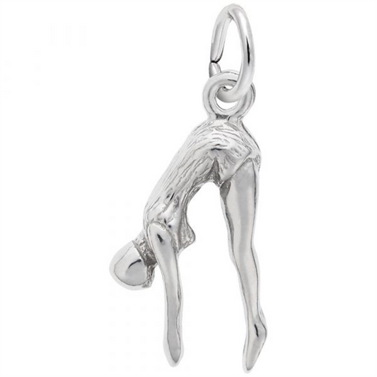 The "Diver - Sterling Silver Charm" by Rembrandt Charms elegantly displays a diver in mid-flight. With an attached loop for easy hanging, this piece captures the grace and sleek motion of a gymnast in a backbend pose.