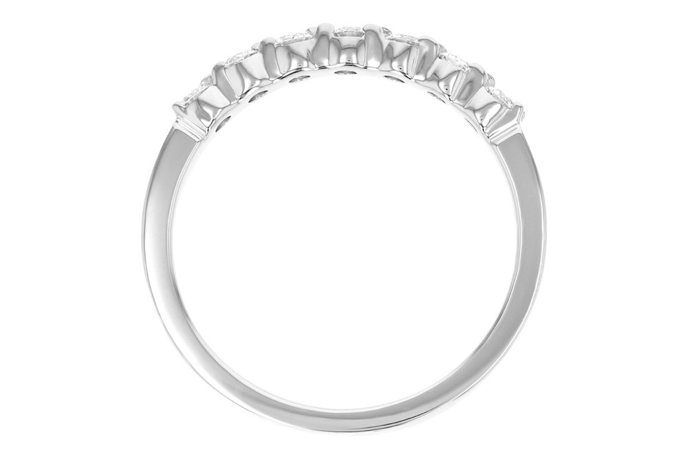A close-up of the Allison Kaufman Ladies Diamond Wedding Ring | 0.33 carats, featuring a silver band encrusted with 7 shimmering stones totaling 0.33 carats. The gems are set along the top half of the band, creating a sparkling row, with the image focusing on the profile side of the ring.