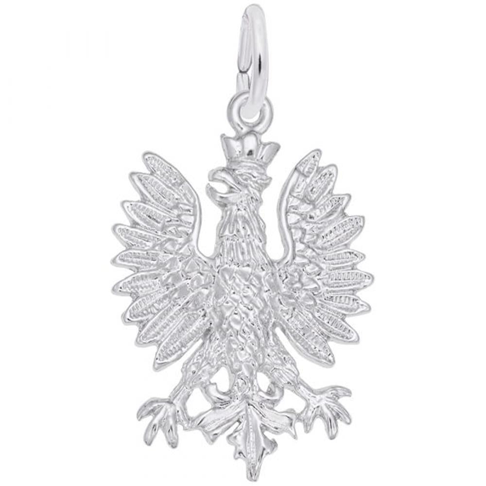 A Phoenix Charm / Sterling Silver by Rembrandt Charms. The phoenix-like eagle has outstretched wings, detailed plumage, a prominent beak, and a crown on its head. A loop at the top allows this charm to be easily attached to a chain.