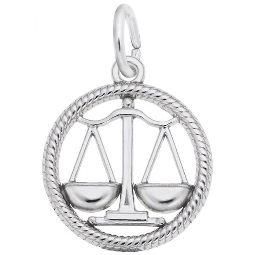 The Libra Charm from Rembrandt Charms is a sterling silver pendant featuring a balanced scale symbol within a circular, rope-like border. This scale, symbolizing justice or Libra, hangs evenly with its trays intact and is meticulously crafted with detailed edges and smooth surfaces. It's the perfect addition to any Rembrandt Charms collection.