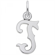 The Blackletter Initial "T" Sterling Silver Charm by Rembrandt Charms is a beautifully ornate pendant in the shape of a cursive letter "T". It features decorative flourishes, a shiny finish, and an attached loop at the top for a chain, making it perfect for adding elegance to any jewelry collection.