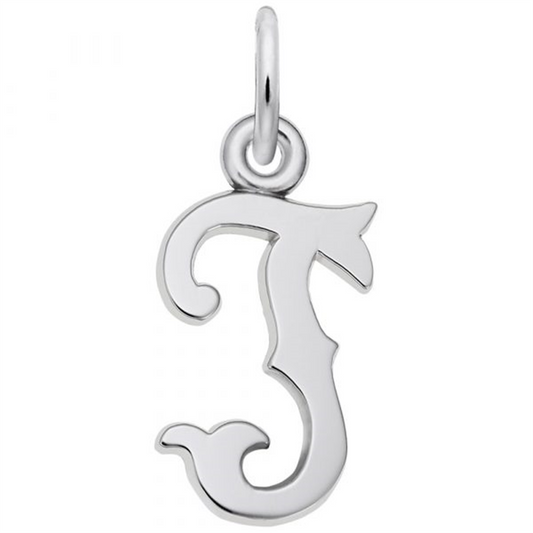 The Blackletter Initial "T" Sterling Silver Charm by Rembrandt Charms is a beautifully ornate pendant in the shape of a cursive letter "T". It features decorative flourishes, a shiny finish, and an attached loop at the top for a chain, making it perfect for adding elegance to any jewelry collection.