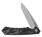 A pocket knife named "Dark Brown Anodized Spear" from W.R. Case & Sons Cutlery Co., featuring a grey, textured handle with a marbled pattern in dark grey and hints of dark brown. The partially open anodized silver blade includes a small logo near its base, resembling the tip of a spear. Two screws are visible on the handle.
