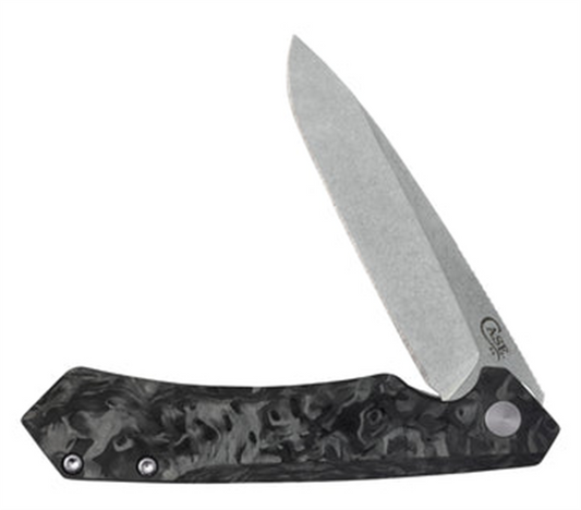 A pocket knife named "Dark Brown Anodized Spear" from W.R. Case & Sons Cutlery Co., featuring a grey, textured handle with a marbled pattern in dark grey and hints of dark brown. The partially open anodized silver blade includes a small logo near its base, resembling the tip of a spear. Two screws are visible on the handle.
