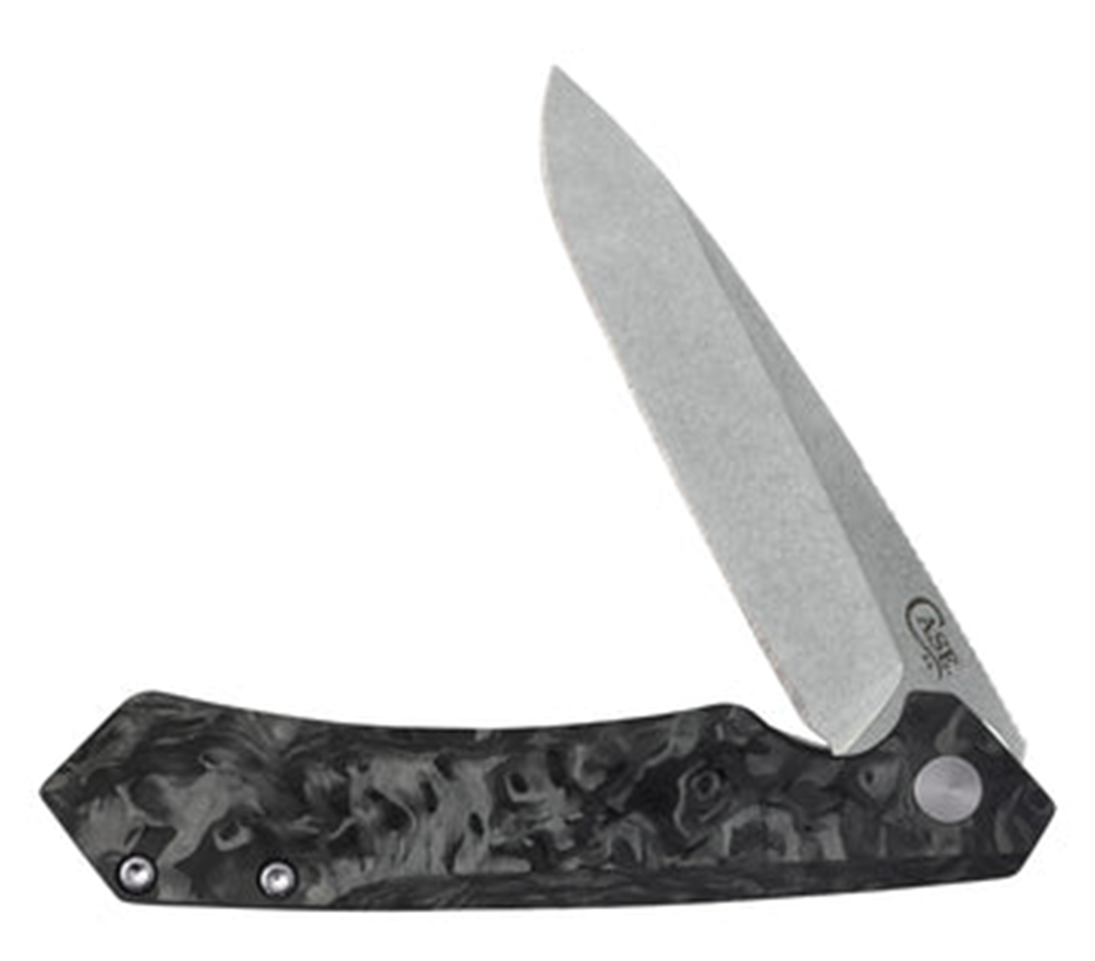 A folding pocket knife from W.R. Case & Sons Cutlery Co., named the "black annodized and marbled black carbon fiber spear," features a partially open, stonewashed blade with a small, rounded hole near its base and a logo. The marbled black carbon fiber handle is secured by two visible screws.