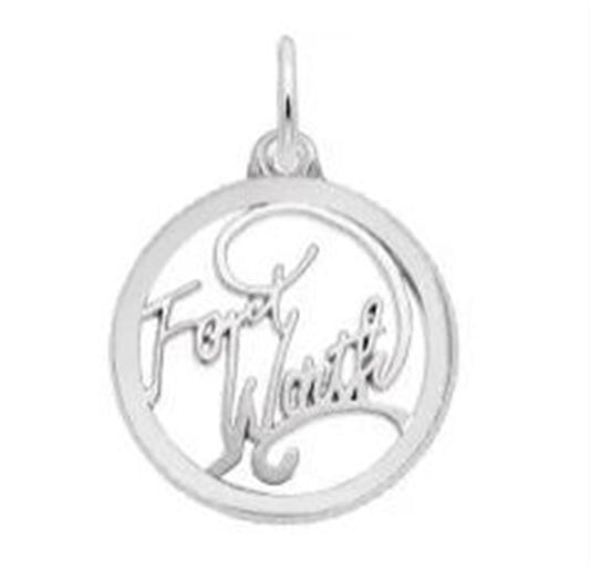 A Rembrandt Charms Fort Worth Open Disc Charm crafted from sterling silver, featuring the words "Fort Worth" artfully written in the center.