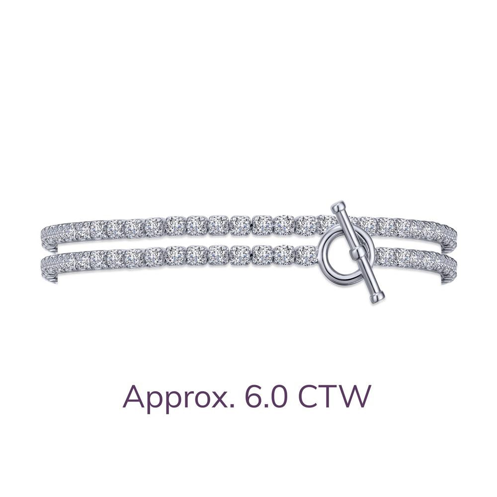 The Diamond Double Wrap Tennis Bracelet by Lafonn features a double-row design adorned with dazzling round-cut diamonds and a bar-and-circle clasp, all set in platinum. The text below the bracelet reads "Approx. 6.0 CTW.