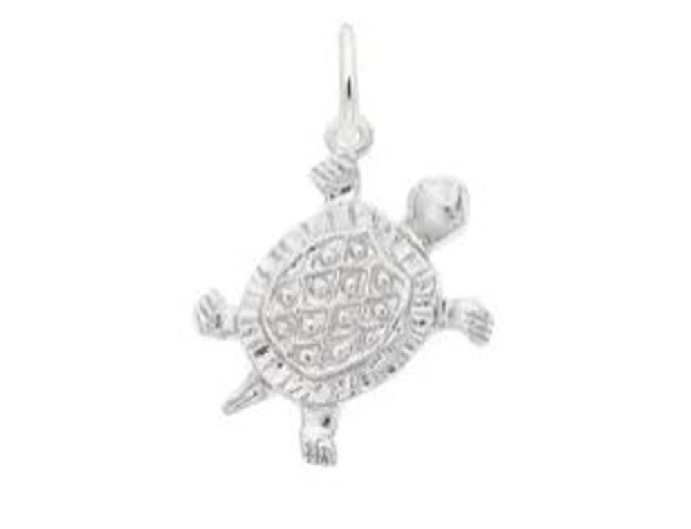 The Rembrandt Charms Turtle Sterling Silver Charm showcases a turtle-shaped design with intricate detailing on its shell and limbs, including textured elements that mimic the appearance of a real turtle. This exquisite sterling silver pendant features a small loop at the top for easy attachment to a chain or necklace.