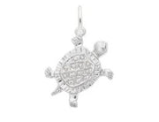 The Rembrandt Charms Turtle Sterling Silver Charm showcases a turtle-shaped design with intricate detailing on its shell and limbs, including textured elements that mimic the appearance of a real turtle. This exquisite sterling silver pendant features a small loop at the top for easy attachment to a chain or necklace.