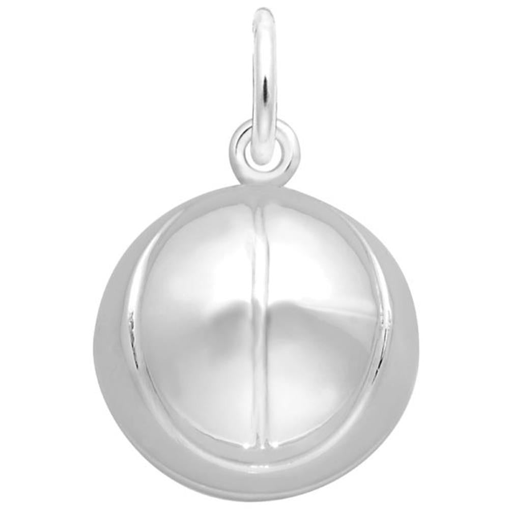 Image of a sterling silver Basketball Charm, Style 1521, 0.55 in x 0.55 in (13.9 mm x 13.9 mm). The charm features a detailed depiction of a basketball, complete with textured lines, attached to a loop for easy addition to any charm bracelet.