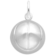 Image of a sterling silver Basketball Charm, Style 1521, 0.55 in x 0.55 in (13.9 mm x 13.9 mm). The charm features a detailed depiction of a basketball, complete with textured lines, attached to a loop for easy addition to any charm bracelet.