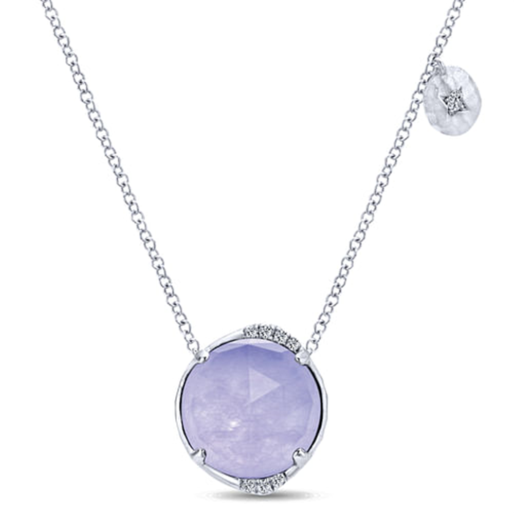 A Gabriel & Co "PURPLE JADE NECKLACE" features a silver design with a round purple jade gemstone pendant, accented by small diamonds at both the top and bottom. It also includes a small, round silver tag embellished with a diamond near the clasp.