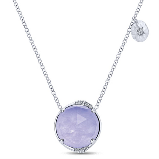 A Gabriel & Co "PURPLE JADE NECKLACE" features a silver design with a round purple jade gemstone pendant, accented by small diamonds at both the top and bottom. It also includes a small, round silver tag embellished with a diamond near the clasp.