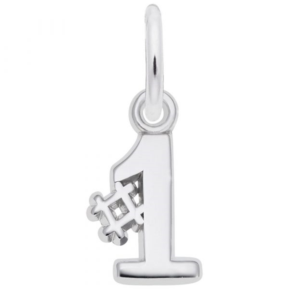 This sleek and polished Number One Small Charm by Rembrandt Charms is crafted from shiny sterling silver and shaped like the number one, featuring a small hashtag symbol (#) attached to its side. It includes a loop at the top for easy attachment to a bracelet or necklace.