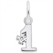 This sleek and polished Number One Small Charm by Rembrandt Charms is crafted from shiny sterling silver and shaped like the number one, featuring a small hashtag symbol (#) attached to its side. It includes a loop at the top for easy attachment to a bracelet or necklace.