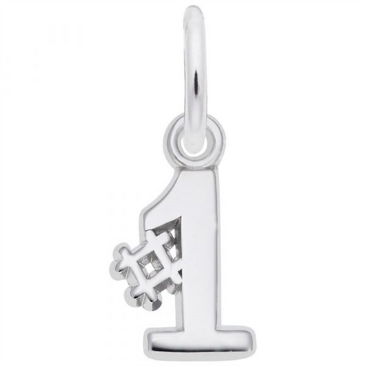 This sleek and polished Number One Small Charm by Rembrandt Charms is crafted from shiny sterling silver and shaped like the number one, featuring a small hashtag symbol (#) attached to its side. It includes a loop at the top for easy attachment to a bracelet or necklace.