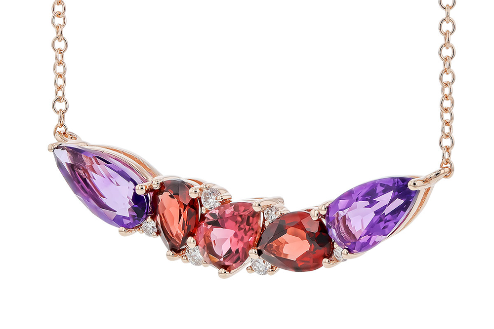 The Allison Kaufman Amethyst, Garnet, Pink Tourmaline 14K Rose Gold Necklace features alternating pear-shaped and oval gemstones in stunning purple and red tones. Diamond accents are nestled among smaller clear stones, offering an extra touch of sparkle and elegance.