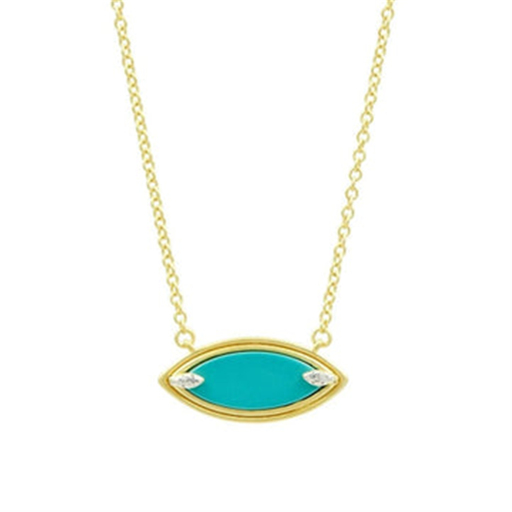 The Freida Rothman Fleur Bloom EMPIRE Turquoise Pendant Necklace (FBPYZTON56-16E) features a gold chain and a marquise-shaped turquoise pendant accented with two small diamonds on each end.