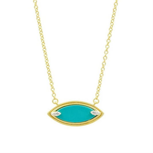 The Freida Rothman Fleur Bloom EMPIRE Turquoise Pendant Necklace (FBPYZTON56-16E) features a gold chain and a marquise-shaped turquoise pendant accented with two small diamonds on each end.