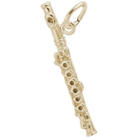 A Piccolo Instrument Charm by Rembrandt Charms, crafted in gold plated sterling silver and featuring detailed key engravings with a small loop at the top for attaching to a chain or bracelet.