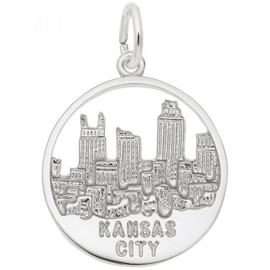 Rembrandt Charms' Kansas City Skyline - Sterling Silver Charm features a detailed relief of the city's skyline, with "KANSAS CITY" engraved below. A top loop allows easy chain attachment, making it an ideal Kansas City charm.