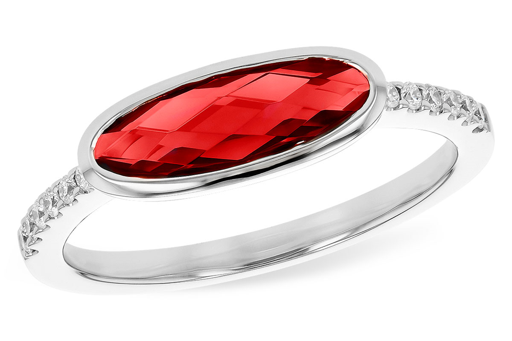 An elegant ring from Allison Kaufman, the Garnet and Diamond 14k White Gold Ring, showcases an oval-shaped faceted red garnet set in white gold, complemented by delicate decorative elements on the band.