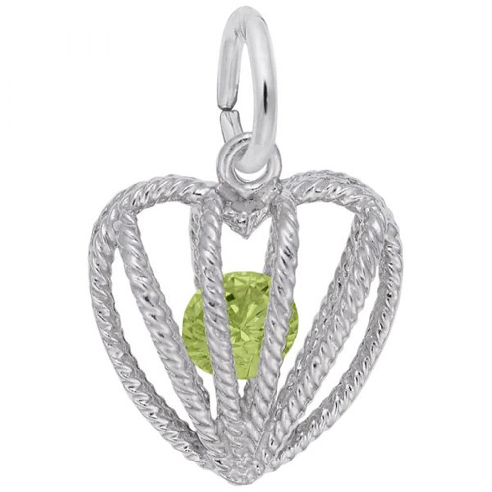 The Rembrandt Charms 08 August Birthstone Embraced With Love Charm in Sterling Silver is shaped like a heart with an open, rope-like design. Inside, a small green gemstone—the August birthstone—is prominently featured. The pendant is attached to a circular clasp at the top for easy attachment to your favorite necklace or bracelet.
